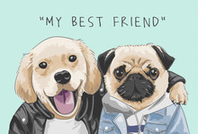 Friendship Slogan With Cartoon Dogs Friend Illustration