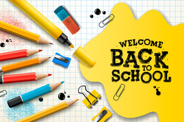 Sticker - Welcome Back to School, poster and banner with colorful pencils and elements for retail marketing promotion and education related. Vector illustration.