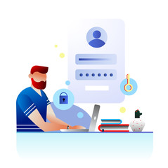 Concept Sign in page on mobile screen. Desktop computer with login form and sign in button for web page, data protection, banner, presentation, social media, posters. User account illustration