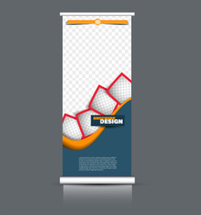 Wall Mural - Roll up banner design. Vertical narrow flyer template. Advertising panel layout. Orange, red, and blue vector illustration.