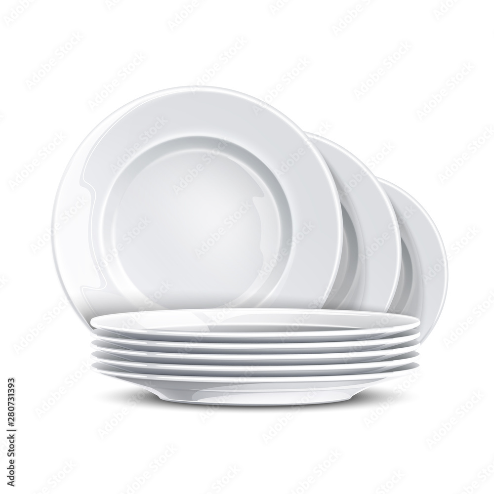 Stack of clean plates. Vector restaurant dishes mockup. Realistic dishware, stacked kitchen tableware. Ceramic dishes pile. Isolated illustration - obrazy, fototapety, plakaty 