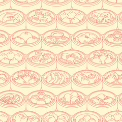 Seamless vector pattern with Asian food Dim Sum. Hand drawn Yang cha illustration.