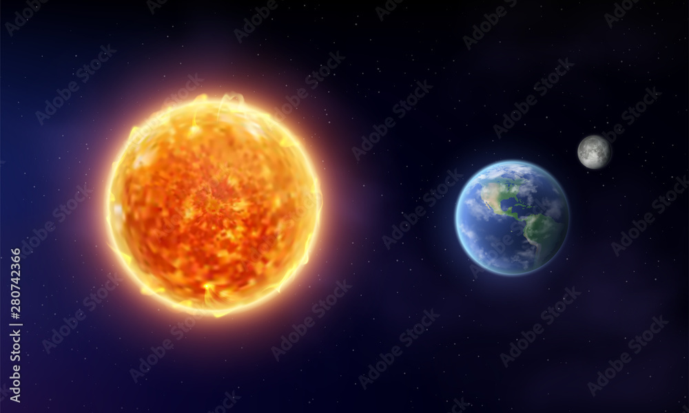Vector sun star and planet earth with moon in space. Cosmic background. Realistic 3d vector illustration - obrazy, fototapety, plakaty 