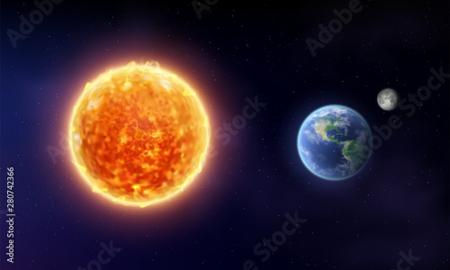 Vector sun star and planet earth with moon in space. Cosmic background. Reali...