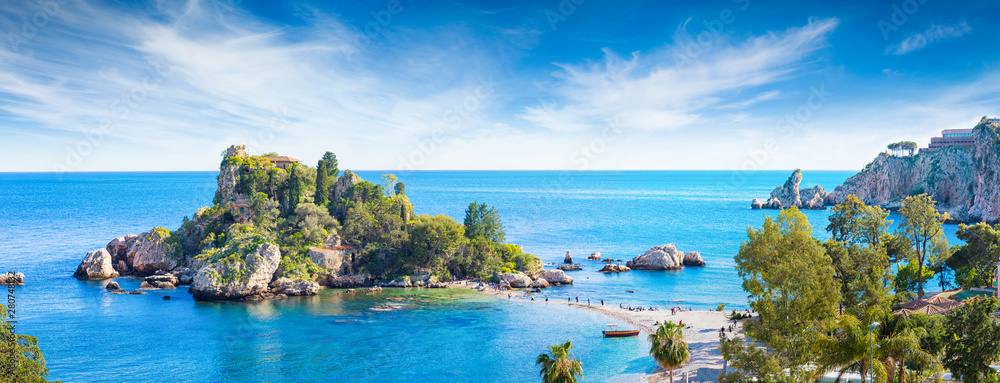 Panoramic view of Isola Bella, small island near Taormina, Sicily, Italy. - obrazy, fototapety, plakaty 