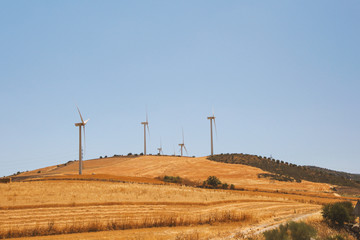 wind power plant windmill energy electricity on the yellow hills soft selective focus