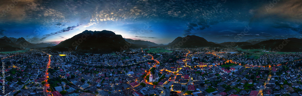 Garmisch-Partenkirchen aerial nightshot 360° - obrazy, fototapety, plakaty 