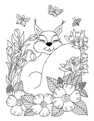 Vector illustration zentangl. A cheerful squirrel surrounded by flowers is sitting in the meadow. Coloring book. Antistress for adults and children. Work done in manual mode. Black and white.