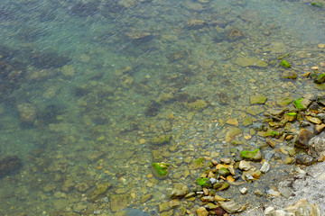 Wall Mural - sea stones on the beach clear water. sea background top view