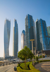 Sticker - Dubai, UAE United Arabs Emirates. Dubai marina skyscrapers and yachts at sunset. Apartments, hotels and office buildings, modern residential development of UAE