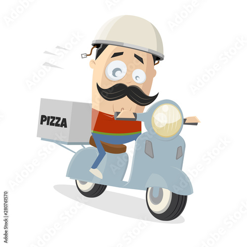 Cartoon Illustration Of A Pizza Delivery Guy With A Scooter Buy
