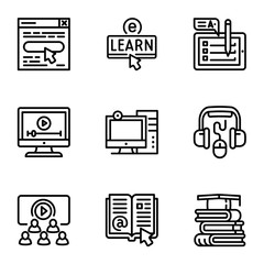 Poster - Online library icon set. Outline set of 9 online library vector icons for web design isolated on white background
