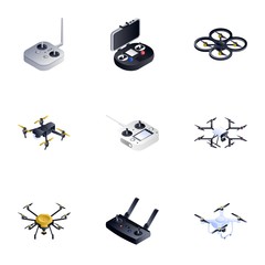 Poster - Drone remote control icon set. Isometric set of 9 drone remote control vector icons for web design isolated on white background