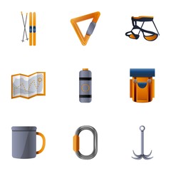 Poster - Hiking tools icon set. Cartoon set of 9 hiking tools vector icons for web design isolated on white background