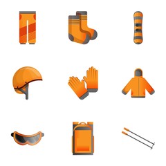 Poster - Snowboarding equipment icon set. Cartoon set of 9 snowboarding equipment vector icons for web design isolated on white background