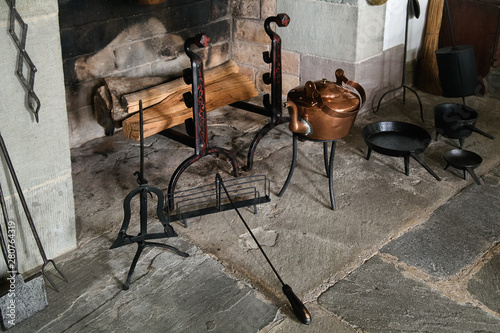 Vintage Stone Fireplace With Metal Tools And Fire Wood Vintage