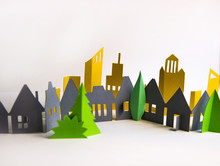 Little Town Houses In Raw. City, Property And House Buying Concept. Paper Cut Design Background.
