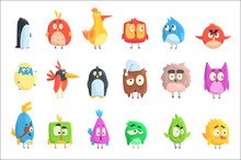 Little Cute Bird Chicks Collection Of Cartoon Characters In Geometric Shapes, Stylized Cute Baby Animals