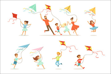 Wall Mural - Kids and their parents running with kite happy and smiling. Cartoon detailed colorful Illustrations