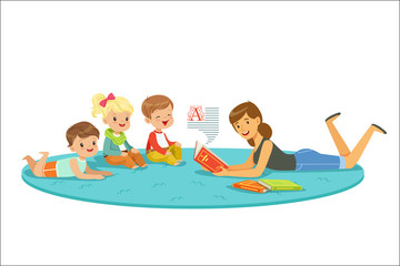 Sticker - Elementary students and teacher. Children education and upbringing in the kindergarden. Cartoon detailed colorful Illustrations