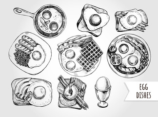 Ink hand drawn set of various egg dishes for breakfast. Food elements collection for menu or signboard design. Vector illustration.