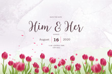 Red Tulip Field Watercolor Floral Wedding Invitation Layout Background Vector