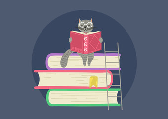 Wall Mural - Storytelling. Cat reading book sitting on stack of books.