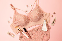 Woman Elegant Pink Lace Bra And Panties, Jewelry. Stylish Lingerie Flat Lay.