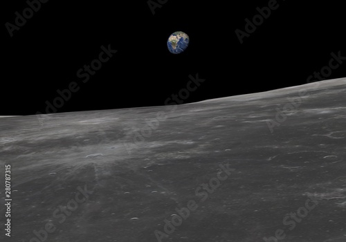 Fotografía Blue Earth seen from the Moon. 3D illustration.