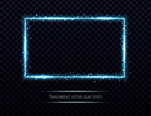Wall Mural - blue neon frame with light effects isolated on transparent background. shining rectangle border with
