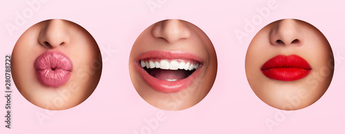 Cuadros en Lienzo Calm, smile, kiss Lips with pomade in three different holes