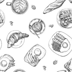 Wall Mural - Decorative seamless pattern with Ink hand drawn breakfast dishes - fried eggs with sausages, croissant, baguette, coffee. Food elements texture for your design. Vector illustration.