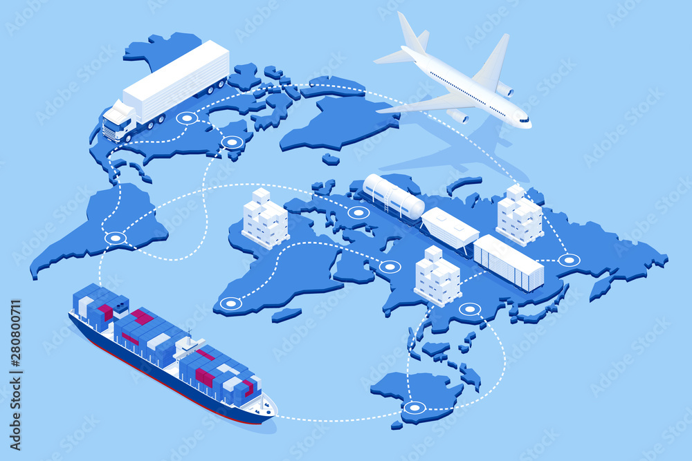 Global logistics network Flat 3d isometric vector illustration Icons set of air cargo trucking rail transportation maritime shipping On-time delivery Vehicles designed to carry large numbers of cargo - obrazy, fototapety, plakaty 