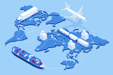 global logistics network flat 3d isometric vector illustration icons set of air cargo trucking rail 