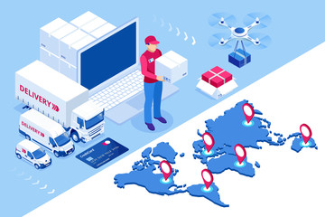 Global logistics network Flat 3d isometric vector illustration Icons set of air cargo trucking rail transportation maritime shipping On-time delivery Vehicles designed to carry large numbers of cargo