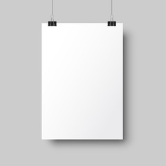 Poster - Blank posters hanging with shadows. White hanging white paper on binders. A4 paper page, mockup, sheet on wall - stock vector
