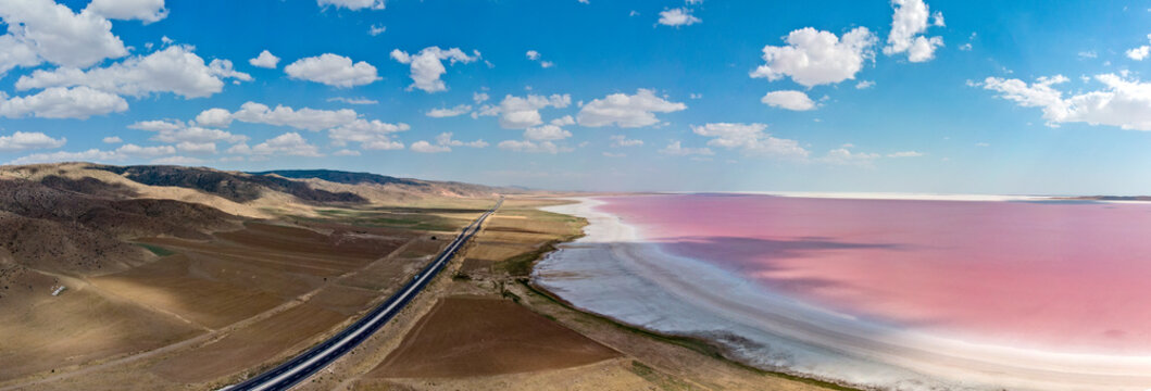 aerial view of lake tuz, tuz golu. salt lake. red, pink salt water. it is the second largest lake in