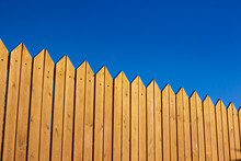 Wooden Fence Decoration Boar Perspective Background And Blue Sky Empty Copy Space For Text