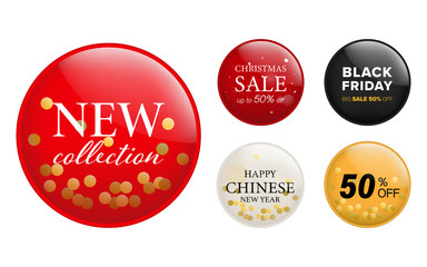 Wall Mural - new collection label and button pin set. red banner and badges design.