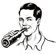 Young Handsome Man Drinking  A Beer From The Bottle. Ink Black And White Drawing