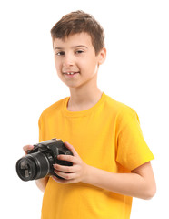 Cute little photographer on white background