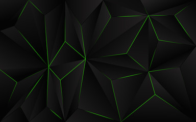 Fototapete - Abstract futuristic background black polygon vector design with green light line. Dark triangle composition technology modern concept for use element cover, banner, poster, web, brochure, flyer