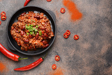 Frying Pan With Tasty Chili Con Carne On Grey Background