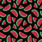 Watermelon seamless pattern. Hand drawn fresh berry. Vector sketch background. Fashion design. Red and green print for kitchen tablecloth, curtain or dishcloth. Doodle wallpaper