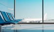 Airport lounge with airplane blurred background. 3d rendering