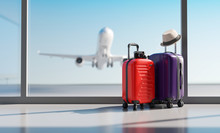 Suitcases In Airport. Travel Concept. 3d Rendering