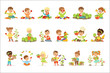© topvectors - Little children having fun and playing with vegetables, set for label design. Cartoon detailed colorful Illustrations