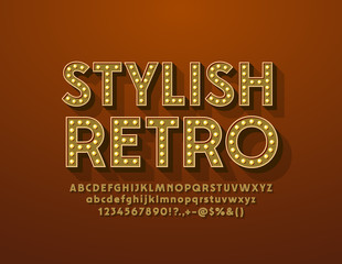 Sticker - Vector Stylish Retro Golden Alphabet. 3D lamp Font. Light bulb vintage Letters, Numbers and Symbols