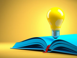 Poster - Yellow light bulb on the blue open book. Idean and creativity concept background.