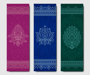 Set of design yoga mats. Floral and mandala pattern in oriental style for decoration sport equipment. Colorful ethnic Indian ornaments for spiritual serenity. Decor of business card, poster, print.